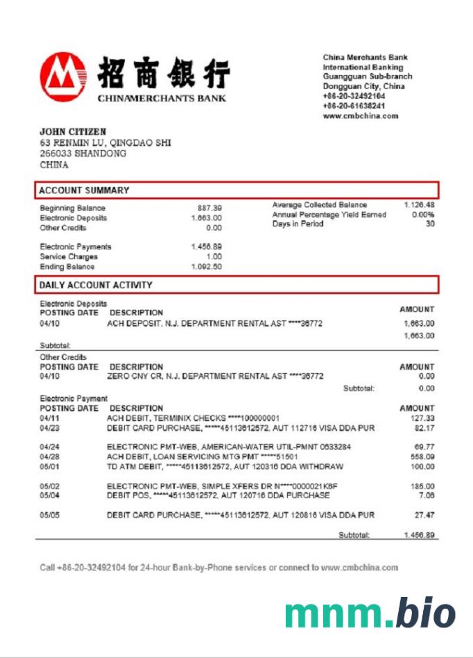 China Merchants Bank szablon w formacie excel pdf